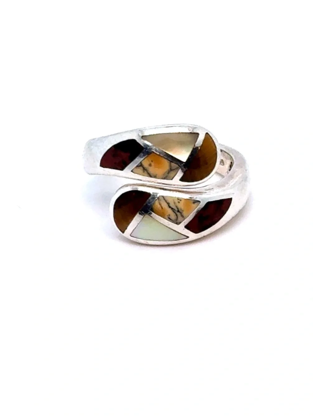 Sterling Silver 925 Multi-Stone Inlay Silver Wrap Ring - Brown, Tan, Cream Inlay